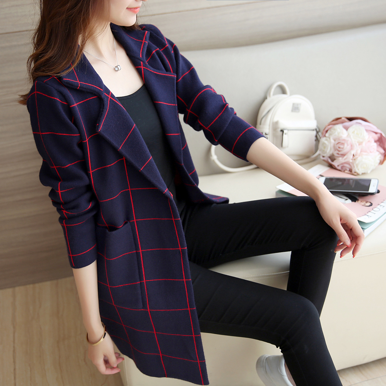 2016秋季新款韩版格纹针织外套毛衣女装开衫外搭西装领格子衫显瘦