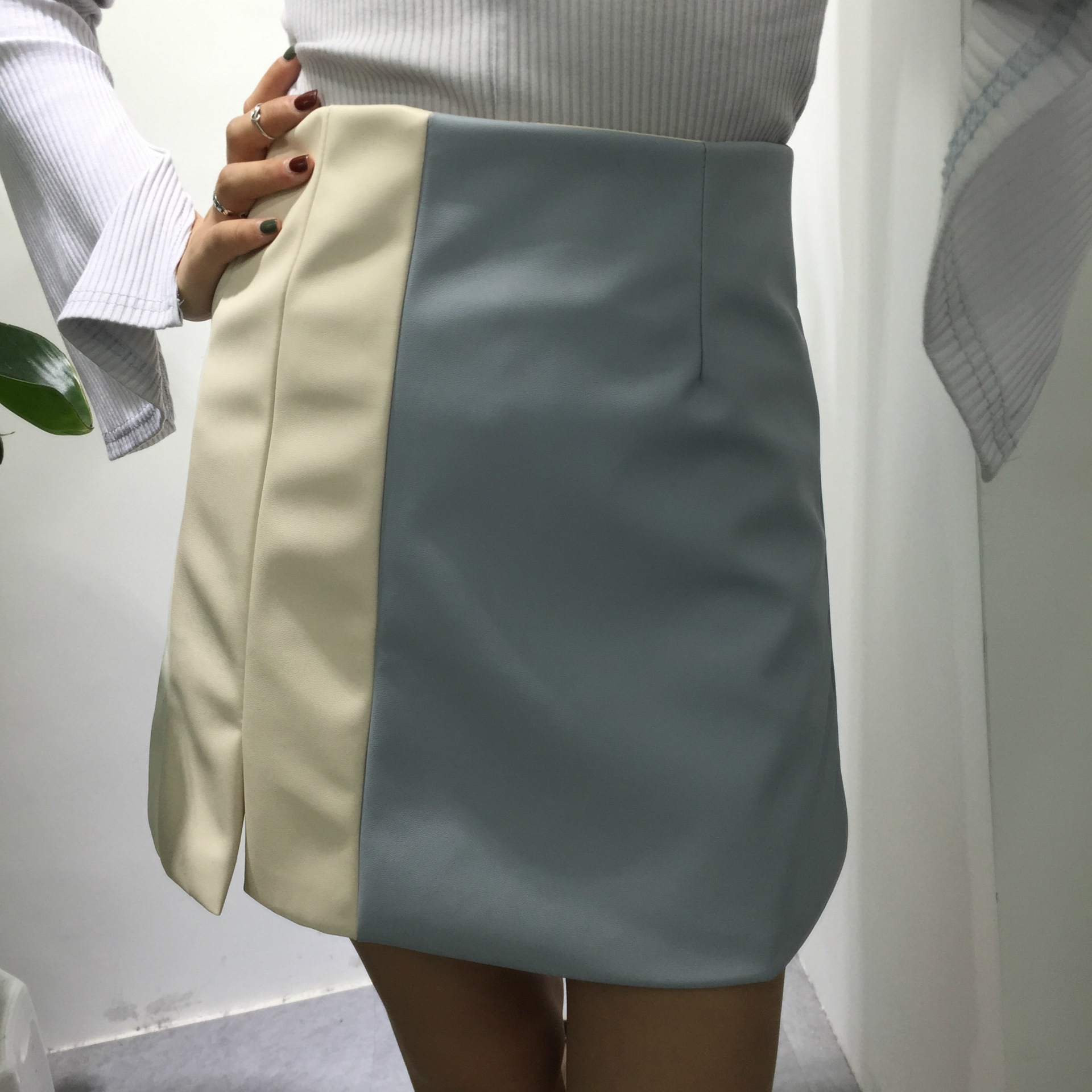 [SUSU]2016秋季新款韩版PU皮半身裙拼色修身高腰开叉包臀a字短裙