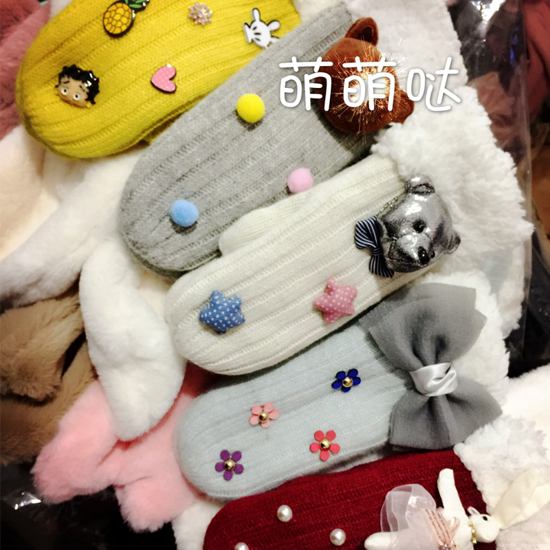 韩国羊羔绒保暖连指手套 卡通蝴蝶结加厚针织可爱女 冬季手套