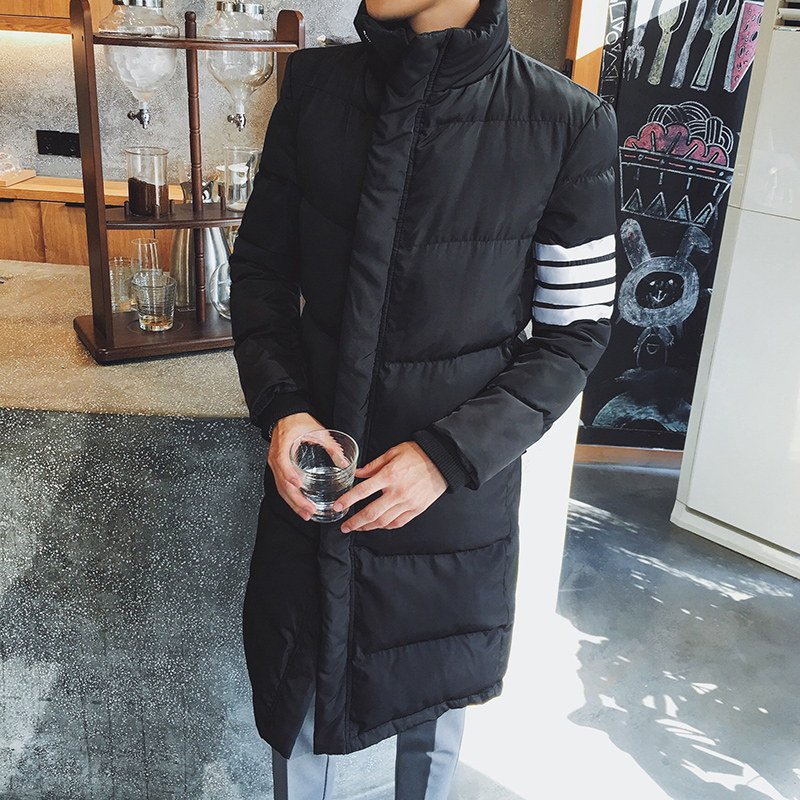 冬季棉衣男立领中长款条纹加厚修身韩版青年保暖羽绒棉服学生外套