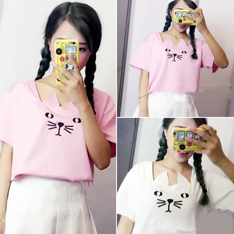 2015夏季新品 超萌软妹可爱猫咪立体耳朵糖果色两面穿短袖T恤女潮