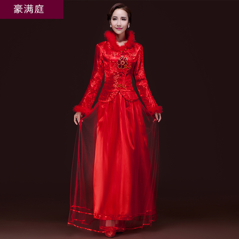 2015秋冬新款中式旗袍礼服敬酒服改良新娘结婚红色长款礼服