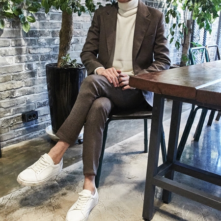 YUNO韩国官网正品代购 深灰色修身羊毛西服套装西装两件套四季男