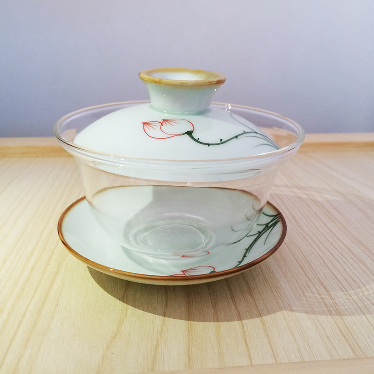景德镇陶瓷器手绘荷莲花琉璃盖碗功夫茶具配件茶碗特价玻璃三才碗