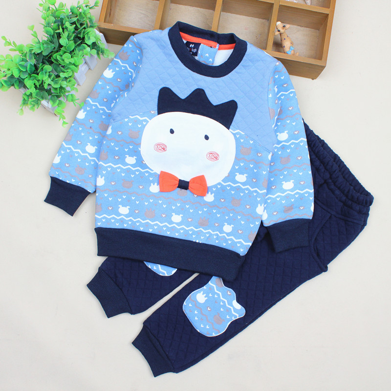 韩版男童 空气棉套装2016秋冬新款 纯棉蓝色长袖套装特价包邮