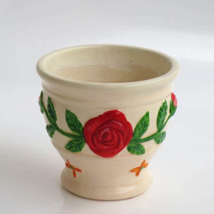 【淘器饰家】欧式出口多肉陶瓷花盆简约现代红玫瑰浮雕情人节礼物