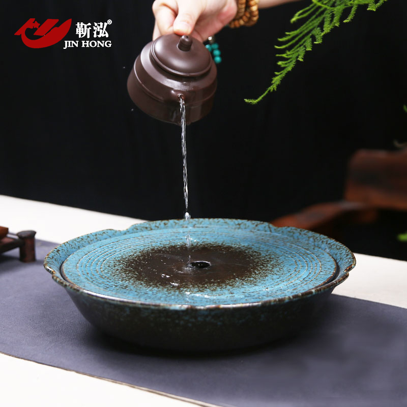 靳泓 陶瓷茶盘圆形 大号茶台茶托 储蓄水式日式茶道壶承小干泡盘