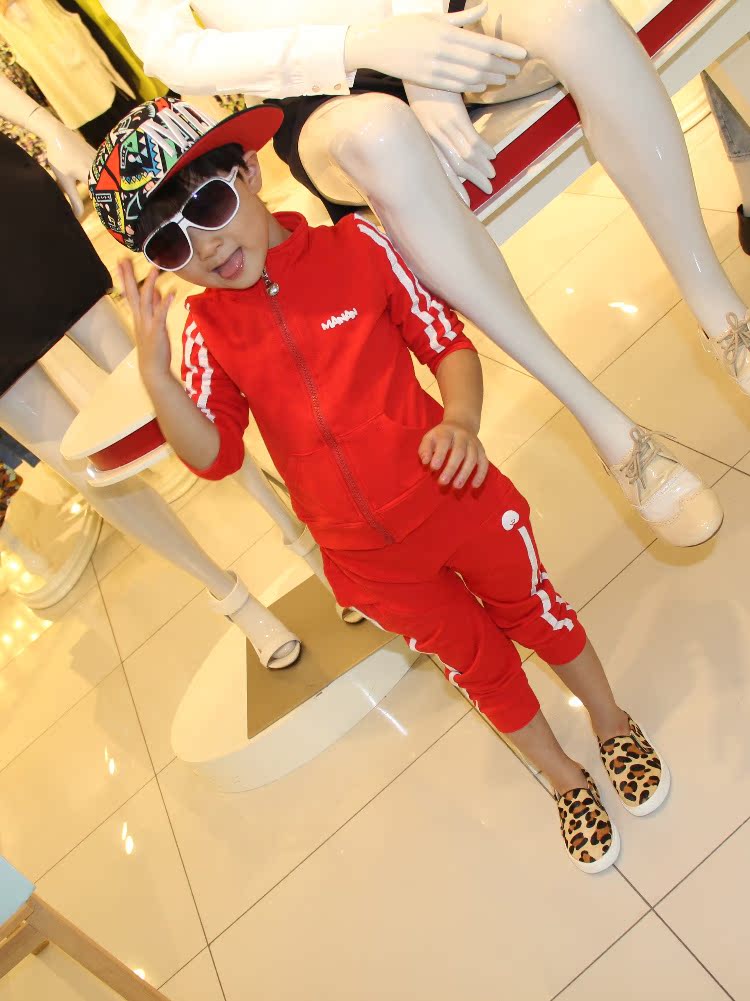 巴比亚潮牌 印小人男女中大童 红黑色运动莫代尔棉料套装