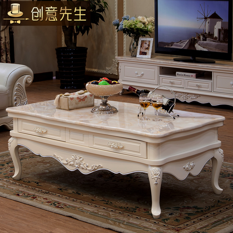天然大理石茶几 欧式理石面实木茶桌子 客厅组合电视柜家具 美式