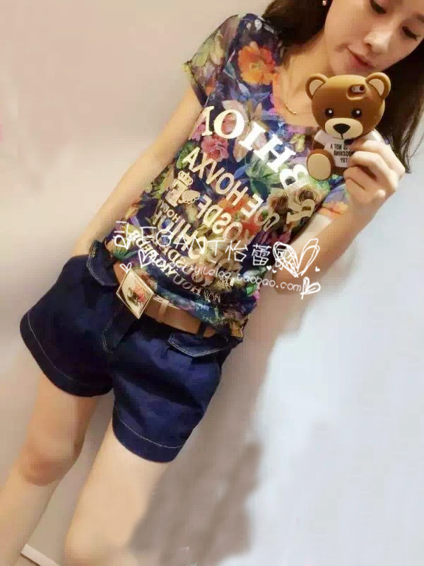 2015夏季新品怡蕾歌99279英文字母印花网纱料T恤南韩小衫显瘦上衣