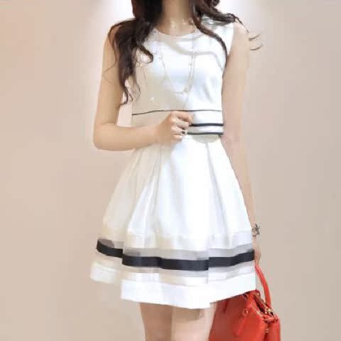 2015夏季雪纺条纹连衣裙韩版修身拼接假两件圆领背心裙仙女范短裙