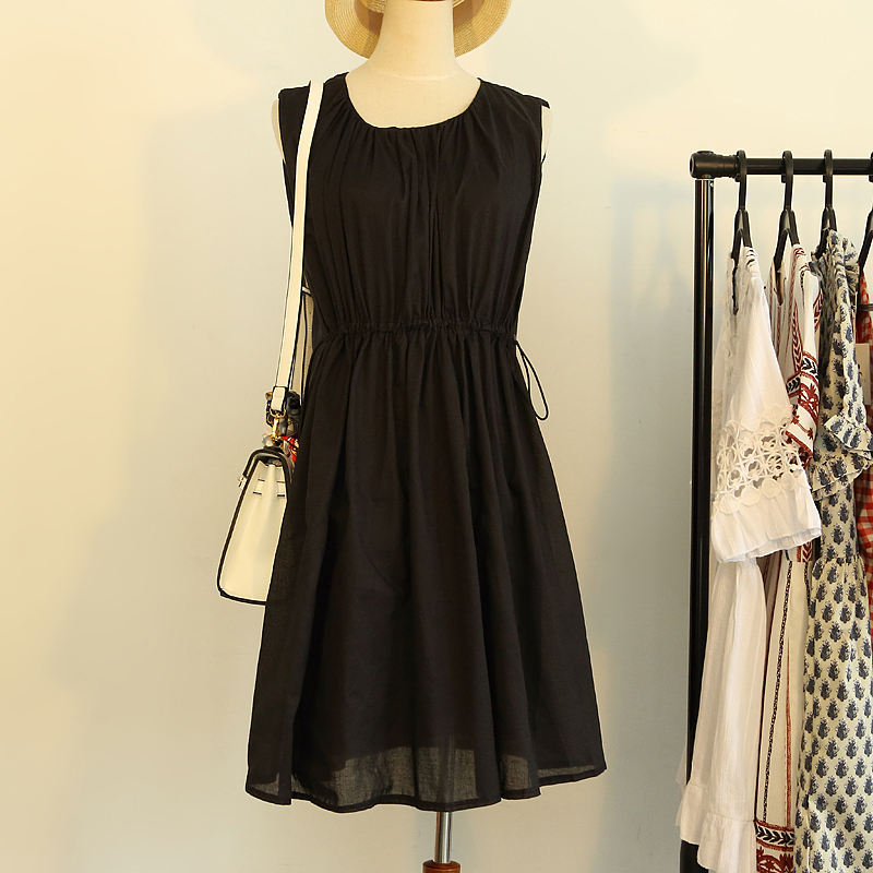 【实拍】韩国新款小清新黑色无袖百褶宽松公主裙