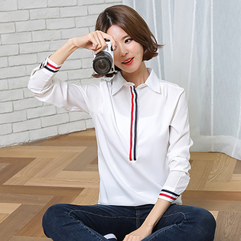 2016大码显瘦长袖衬衣春季韩版新款女装翻领白色衬衫女上衣