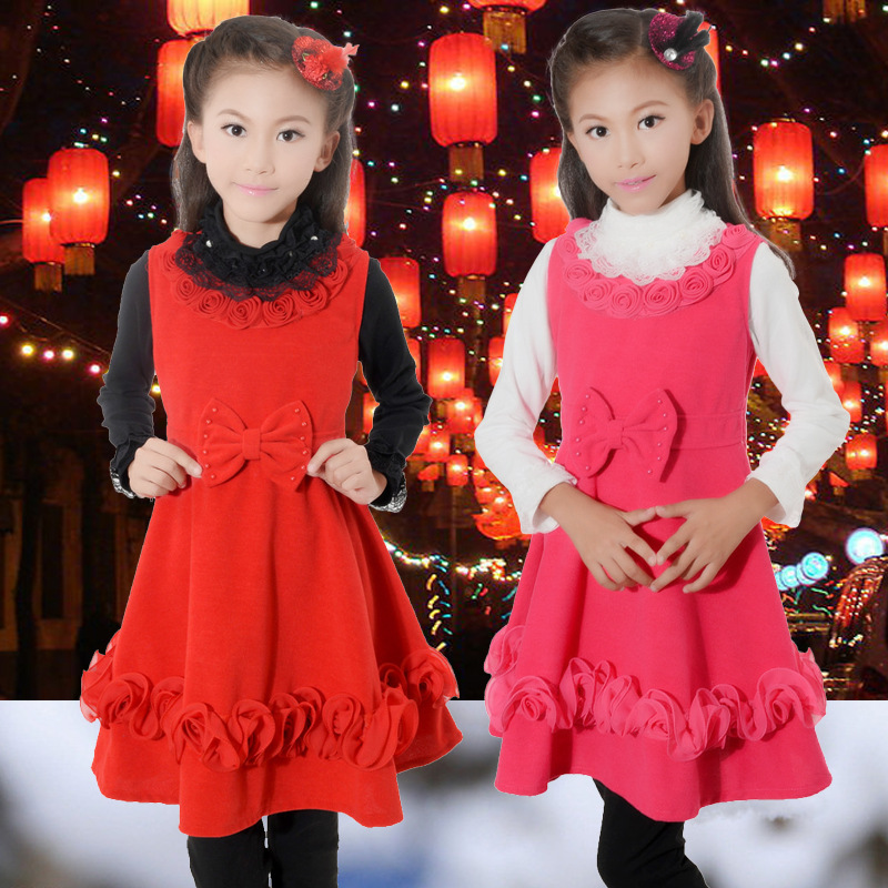 2014中大童女童立体花朵冬装大红连衣裙公主儿童背心羊毛呢子裙