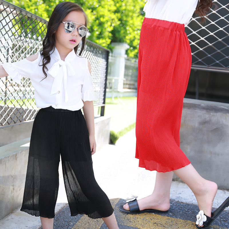 童装长裤红色黑色女童裤子夏季新款韩版纱雪纺七分裤清凉儿童夏装
