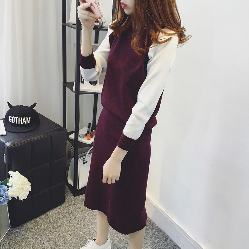 韩国代购秋季套装女两件套2016新款长袖针织衫修身长款包臀连衣裙