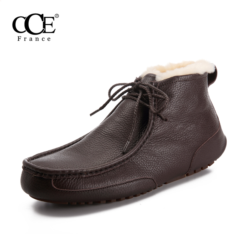 法国CCE冬季休闲摔纹牛皮男鞋雪地靴羊皮毛一体短靴男靴C6165
