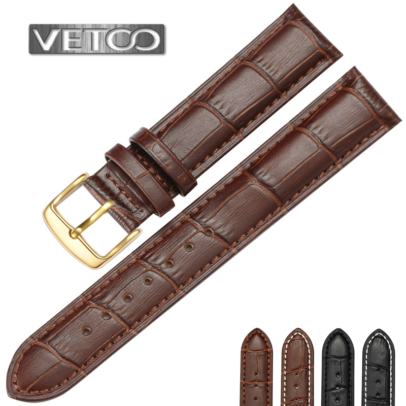 VETOO维途手表配件 牛皮手表带黄金色表扣针扣真皮表带18 20 22mm