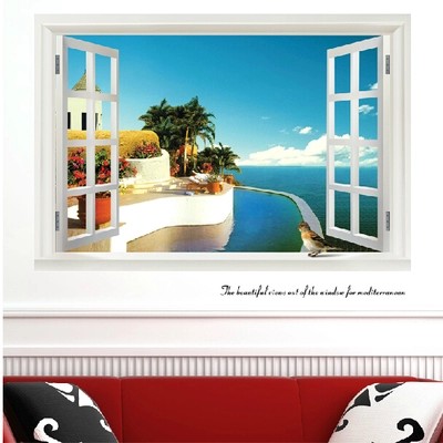 墙贴假窗特价包邮沙发背景客厅贴画可称除电视墙房间装饰餐厅风景