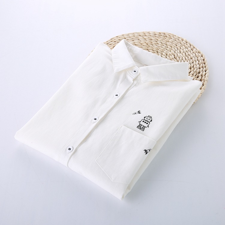 猫咪森林日记新款女式长袖白衬衫 卡通 刺绣纯白色秋款衬衣女打底
