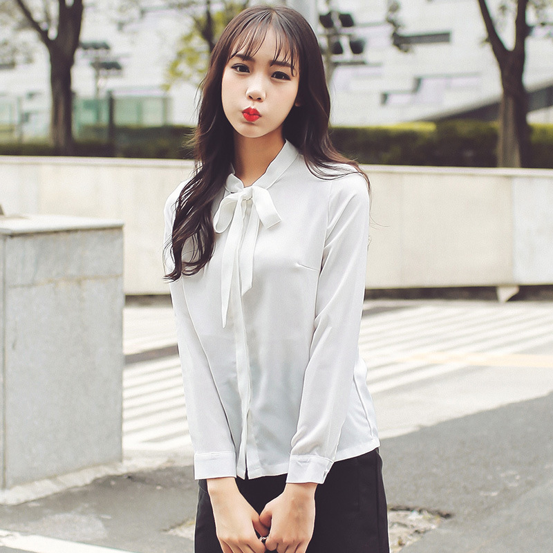 小鱼love安娜 2016韩版女装新款纯色雪纺蝴蝶结系带长袖打底衬衫