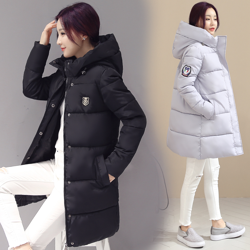 2016冬季新款韩版修身显瘦连帽纯色时尚长袖中长款羽绒棉服女潮