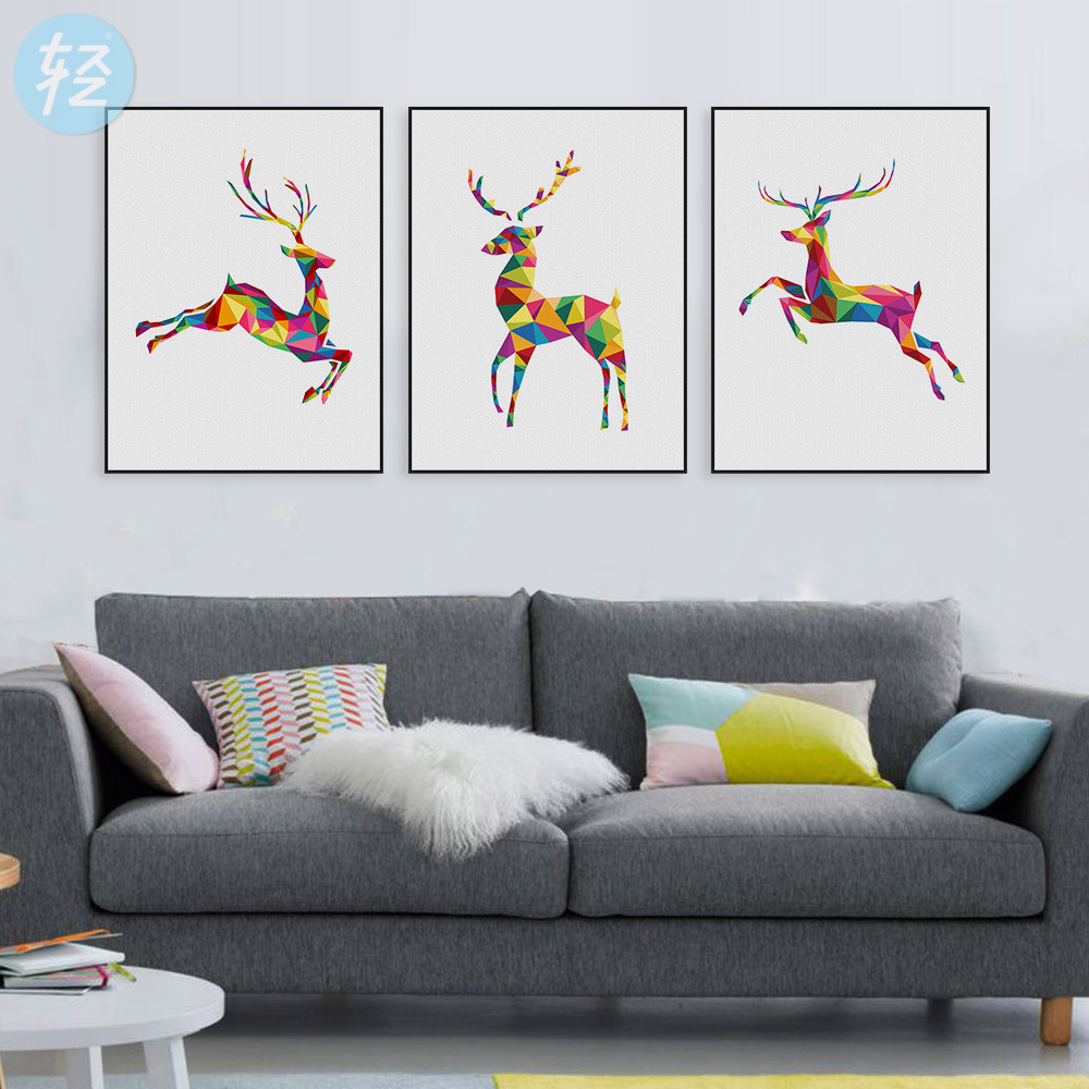 轻艺术现代客厅家居装饰布画定制三联彩色抽象立体动物麋鹿壁挂画