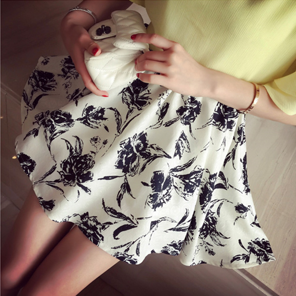 2015夏装新款韩版优雅气质复古水墨画半身裙高腰修身雪纺短裙伞群