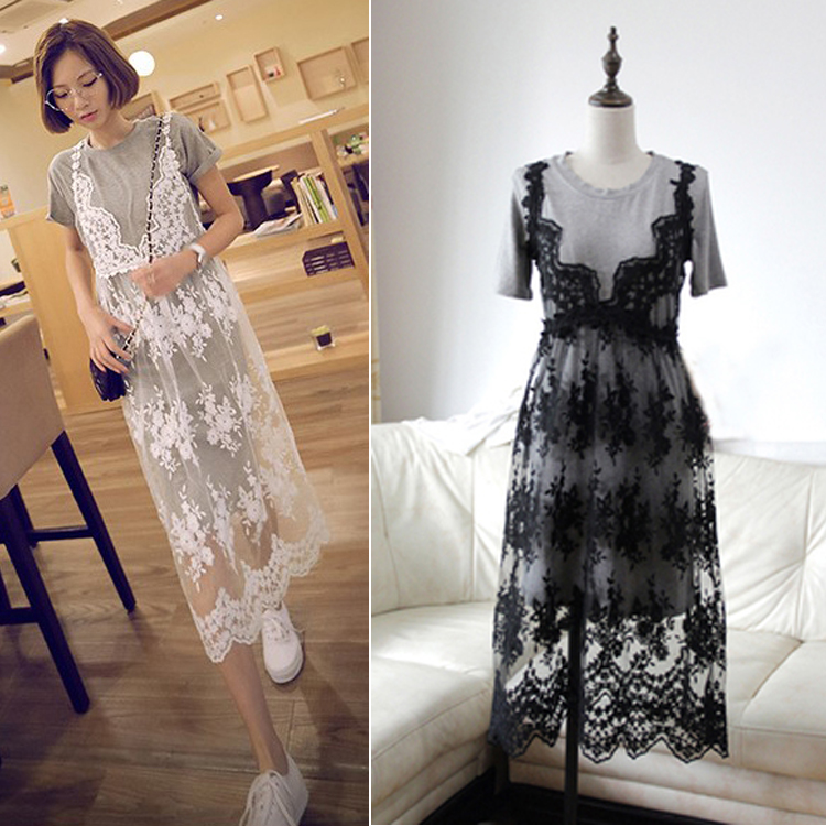 2015韩版正品新款气质蕾丝吊带裙t恤长裙连衣裙两件套可以分开穿