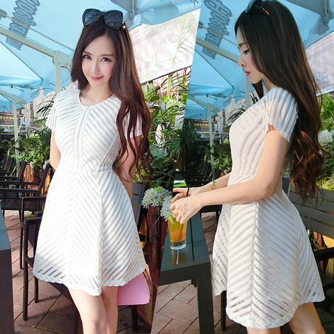 韩国女装2015夏季新款时尚修身气质镂空波点A字条纹中长款连衣裙