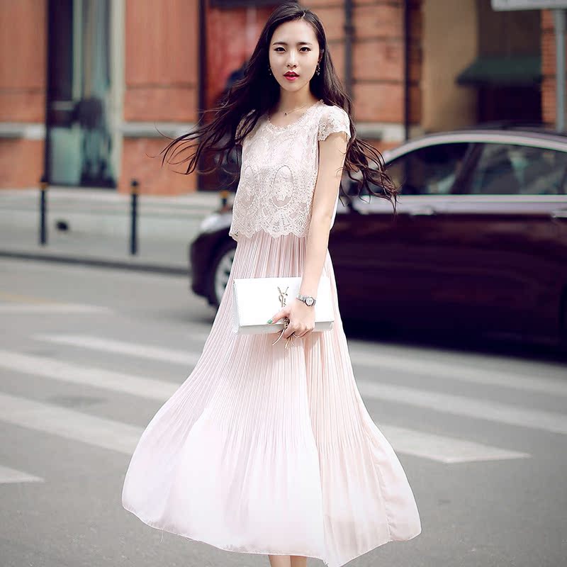 蝶域气质长裙连衣裙2015夏装白色两件套绣花七分袖雪纺裙子仙女装