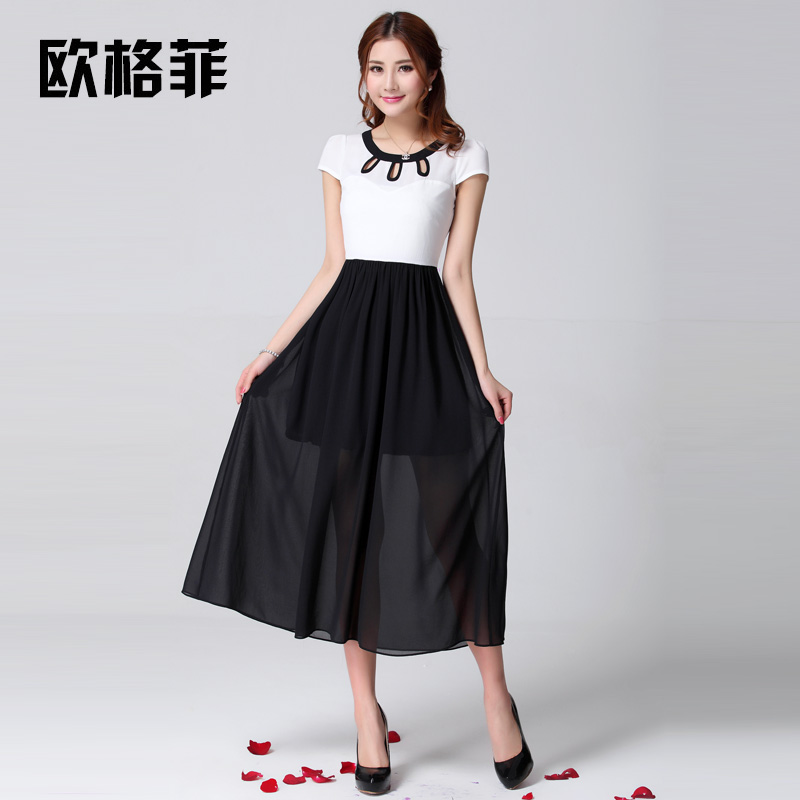 2014夏季新款女装两件套韩版修身蕾丝短袖气质雪纺拼接连衣裙女