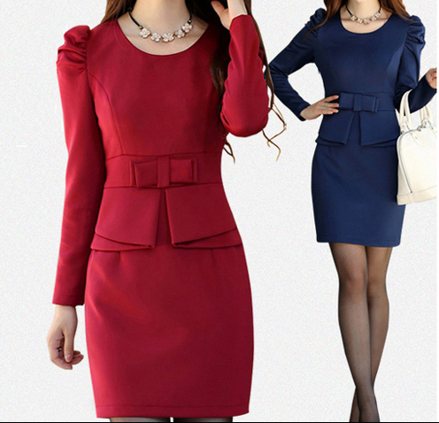 2015秋装新款韩版女装时尚修身大码泡泡袖包臀打底裙长袖连衣裙女