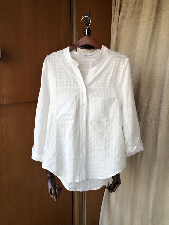 2016秋季新款双口袋白色棉麻女衬衫韩版学院风V立领修身长袖衬衣