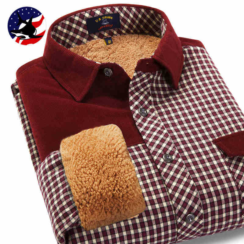 2015冬季新款 磨毛羊羔绒保暖长袖格子衬衫 男装加绒加厚衬衣