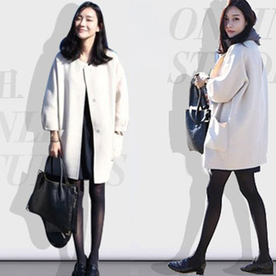 韩国代购2014秋装新款 茧型宽松九分袖毛呢大衣 呢子女装毛呢外套