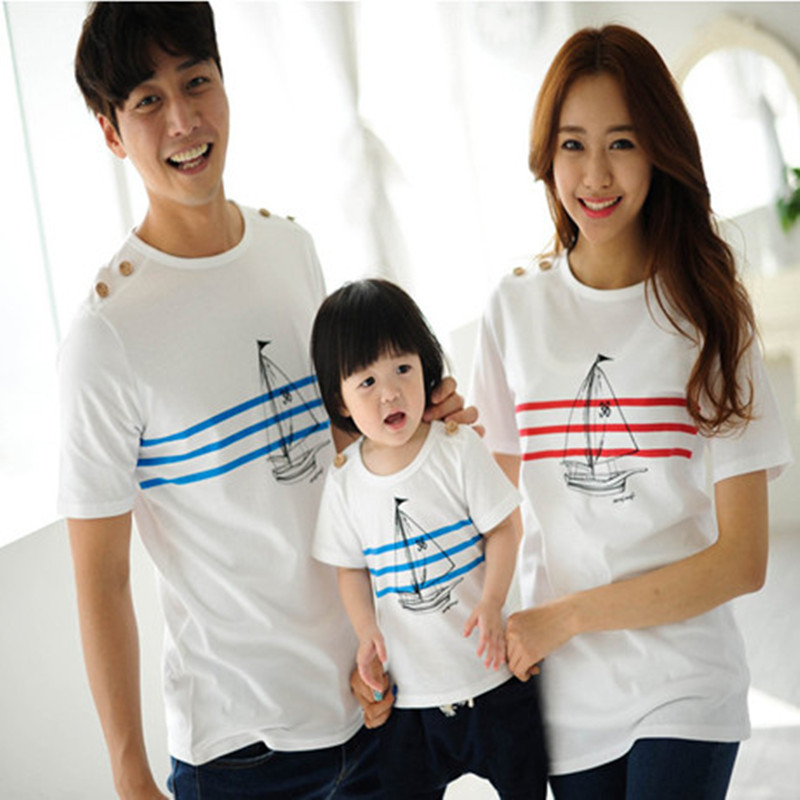 2014夏季新款韩版时尚亲子装三口帆船条纹印花短袖T恤家庭情侣装