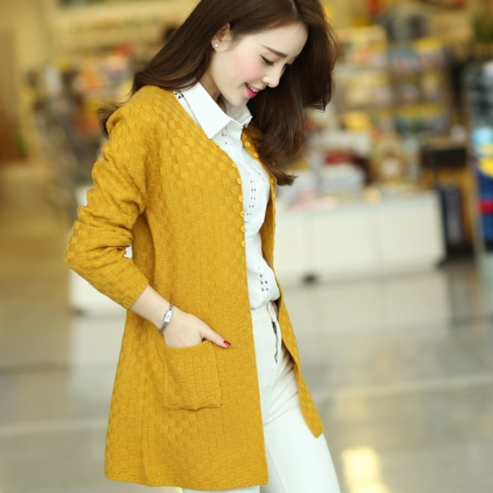 2015秋装新款女装宽松韩版中长款长袖开衫薄外套女针织衫大码毛衣