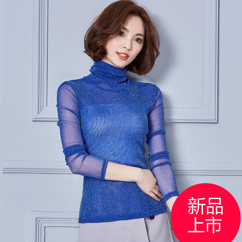 2016秋季新品韩版女装气质淑女时尚修身高领长袖针织T恤网纱上衣