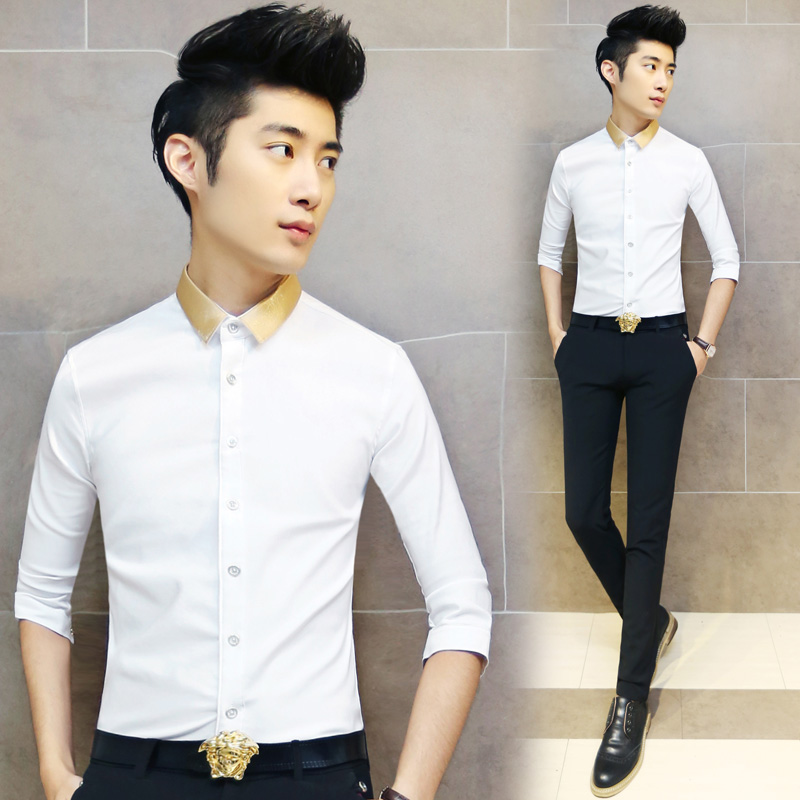 2016夏季新款男短袖衬衣韩版修身时尚潮男发型师衬衫七分袖7 白色