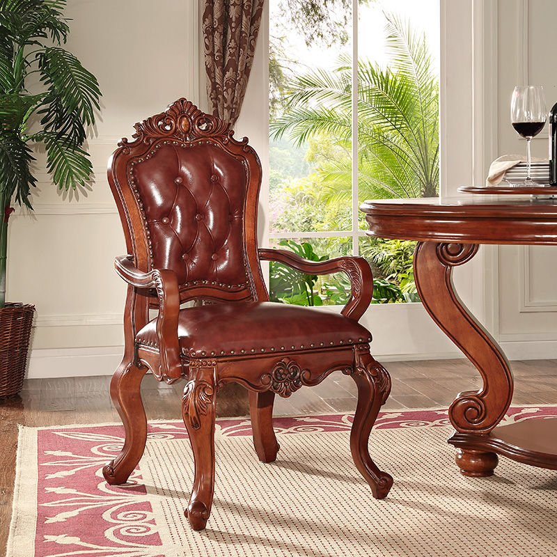 欧式实木餐椅美式真皮雕花咖啡椅书椅洽谈椅家具