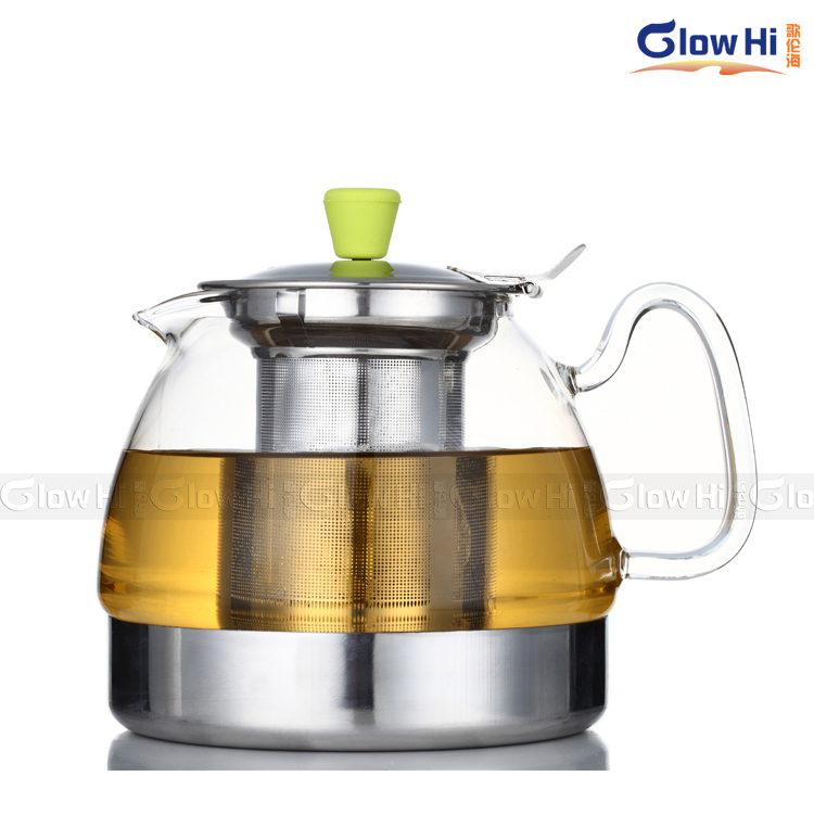 电磁炉专用茶壶 手工耐热玻璃茶具不锈钢底盖子压嘴花茶壶 煮水壶