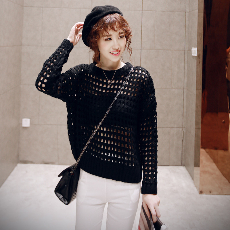 韩版秋装2015新款镂空毛衣套头衫宽松短款长袖针织衫外套打底衫女