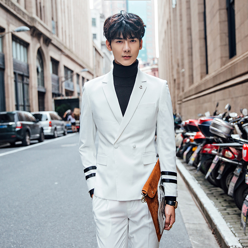 2016韩国欧巴新款 男士白色小西装套装 夜店套装水手服船长服西服