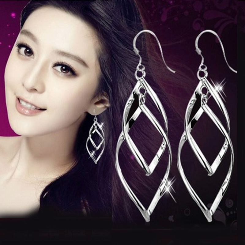 韩国版925银饰 树叶耳饰品 长款手工制作双扭耳环 气质耳坠
