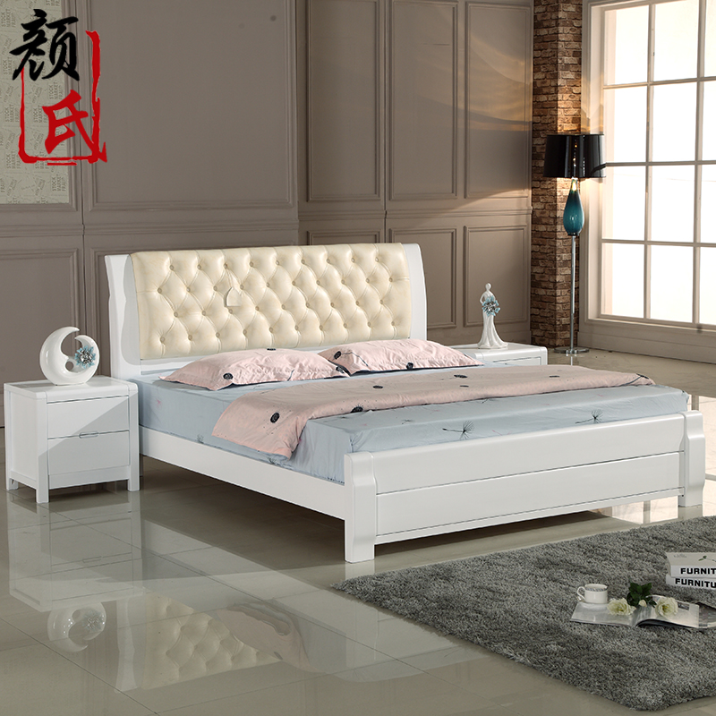 白色床1.8米实木床双人床水曲柳 真皮软靠背储物高箱时尚简约婚床