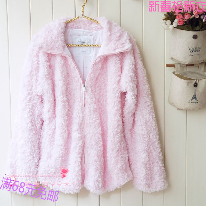 秋冬女装韩版品牌珊瑚丝羊羔毛毛绒可爱纯粉红色长袖衫棉拉链外套