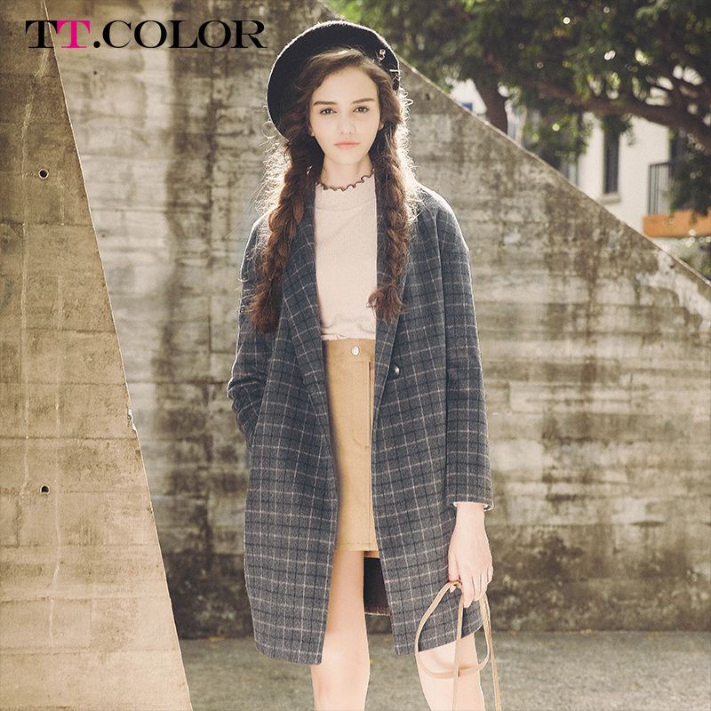 TT.COLOR2016秋冬季新款韩版时尚茧型格子羊毛呢大衣长款外套女装