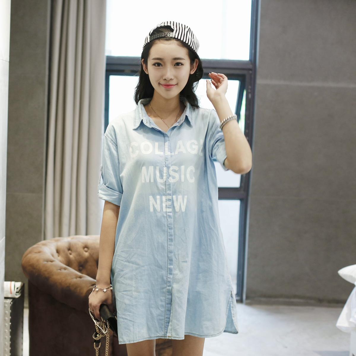 AHFun夏季新款韩版印花字母折袖洗水做旧纯棉薄款牛仔连衣裙女