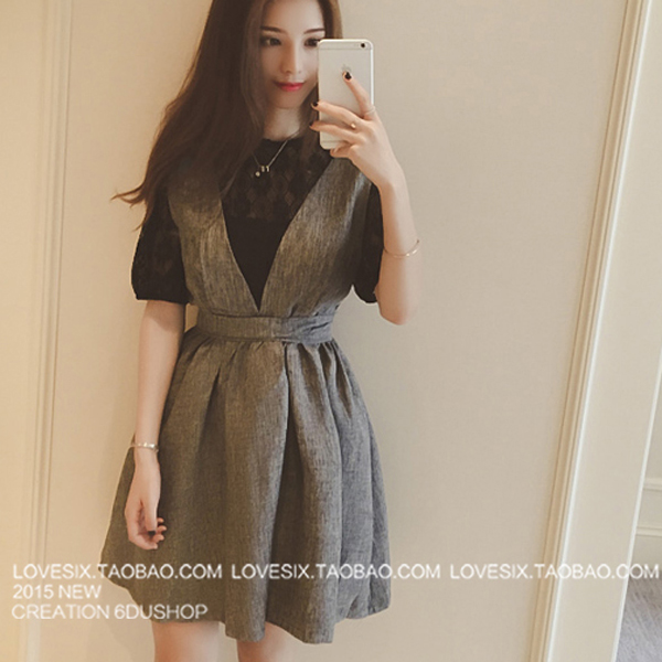 2015秋装韩国新款名媛小香风短袖透明蕾丝衫+背带裙女连衣裙套装